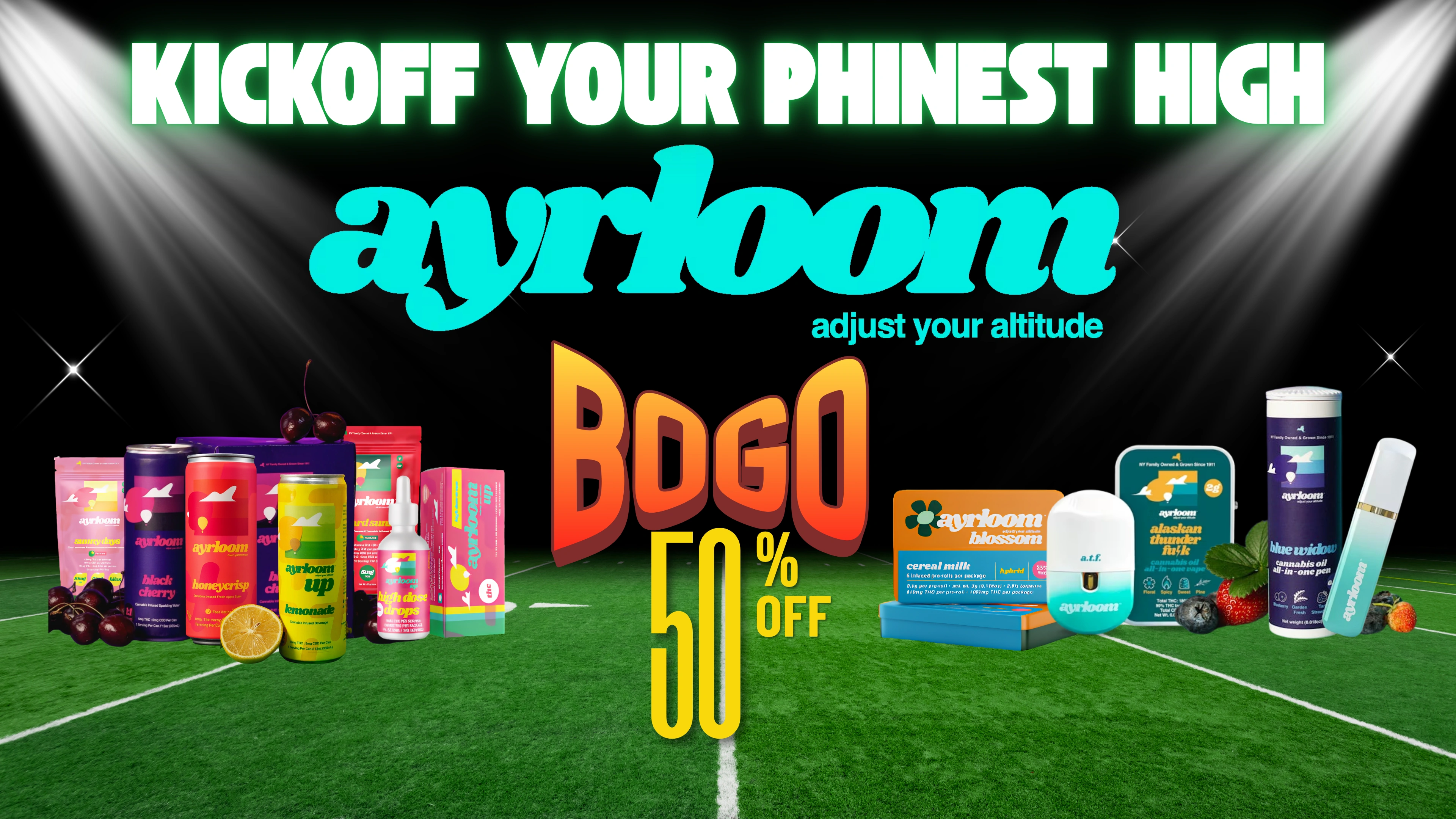 The Phinest Buds Ayrloom board advertising a buy one get one 50 percent off offer.