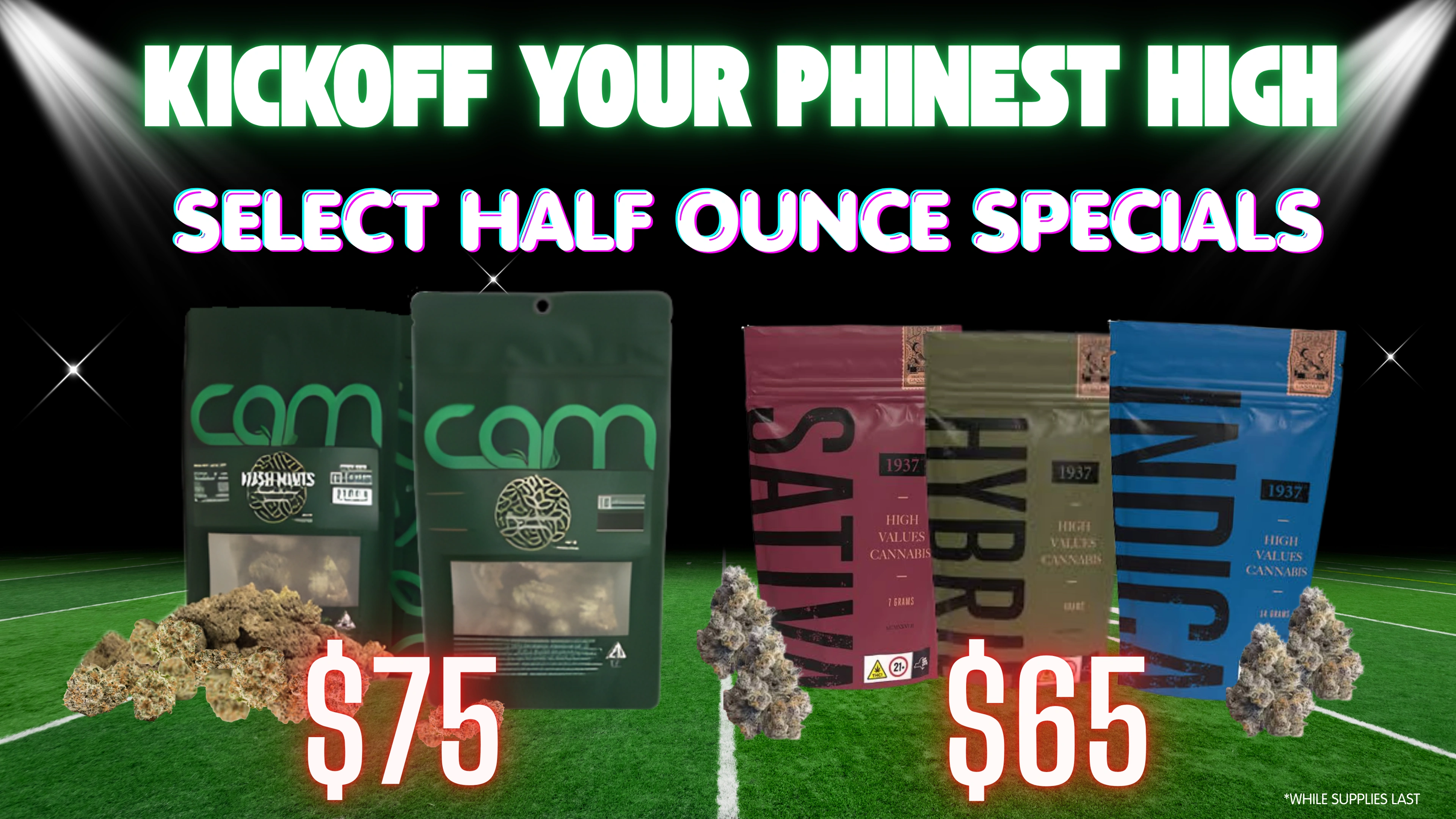 The Phinest Buds half-ounce flower specials board showing CAM and 1937 flower packages.