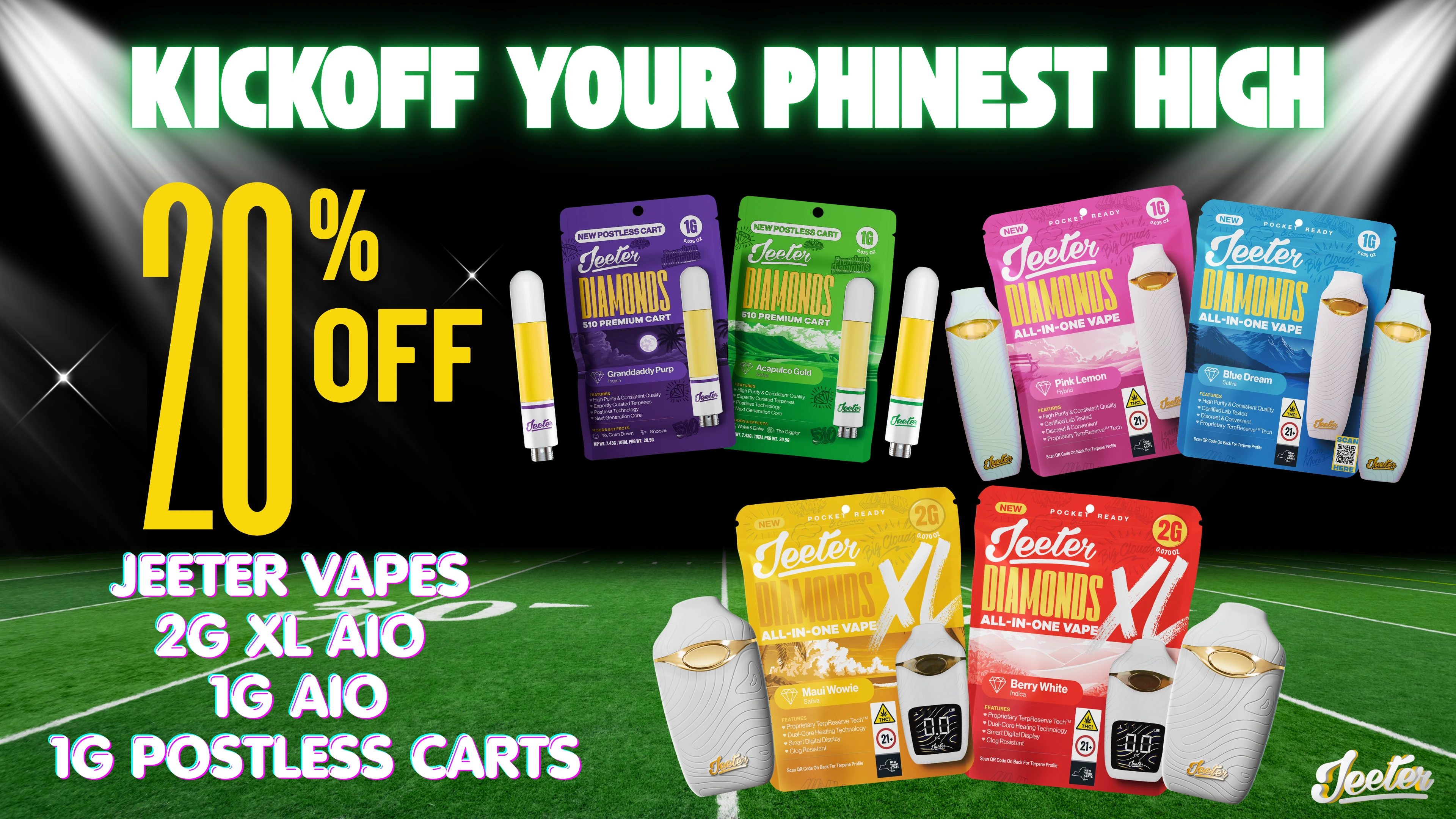 The Phinest Buds Jeeter vape board advertising 20 percent off all in one vapes and 1 gram carts.