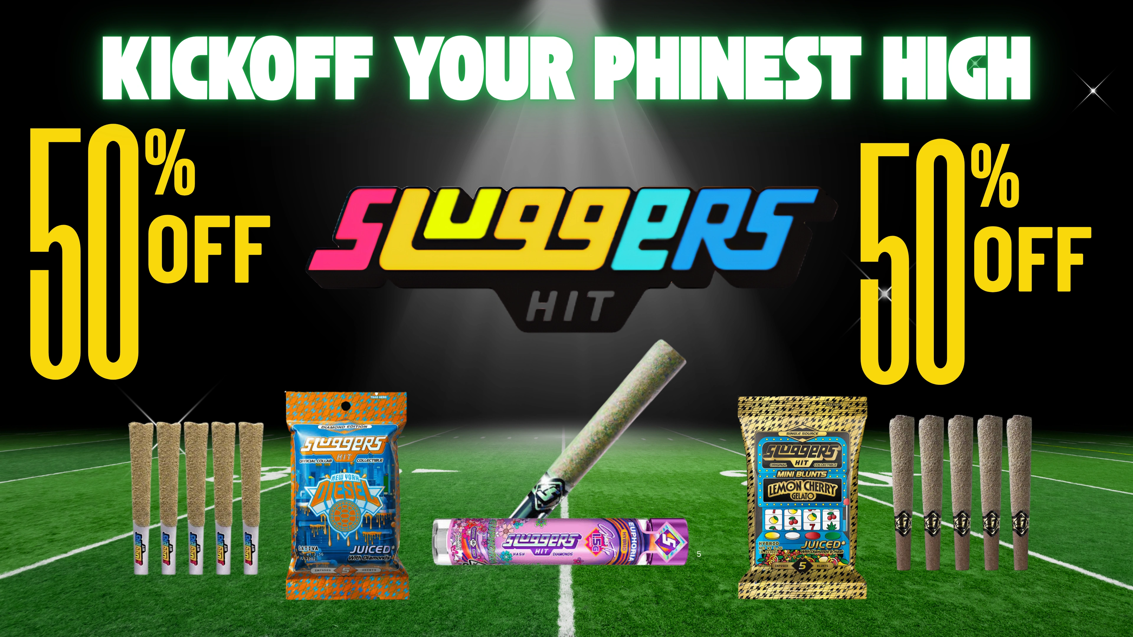 The Phinest Buds Sluggers board advertising 50 percent off infused pre rolls.