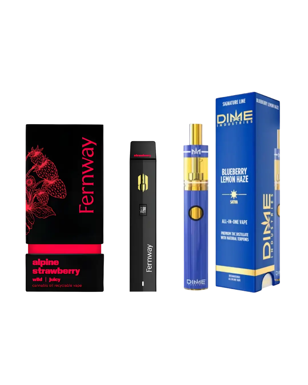 Fernway and DIME all in one cannabis vapes with packaging for The Phinest Buds carts vs all in one vape blog in Cheektowaga NY