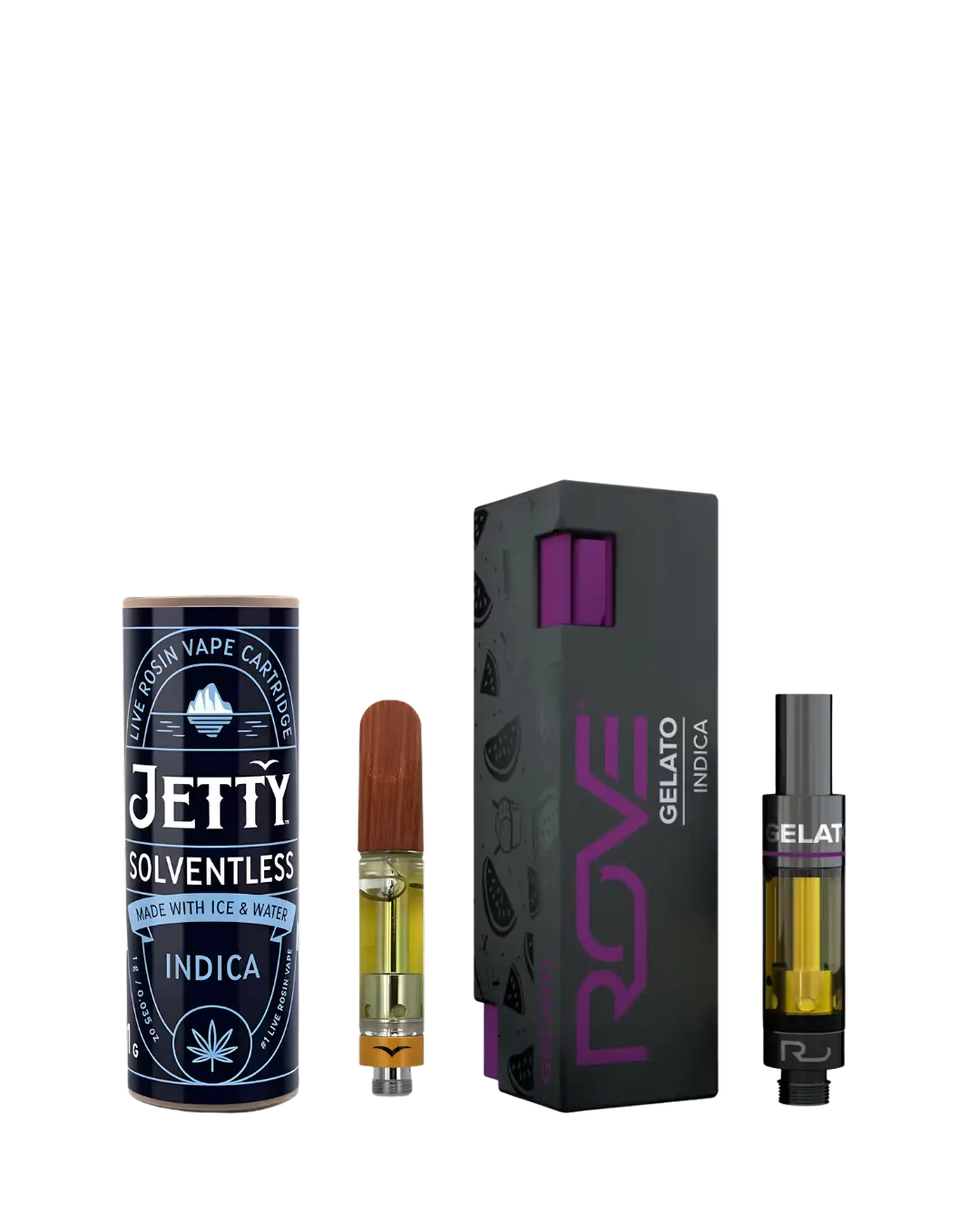 Jetty and ROVE cannabis vape cartridges with packaging for The Phinest Buds carts vs all in one vape blog in Cheektowaga NY