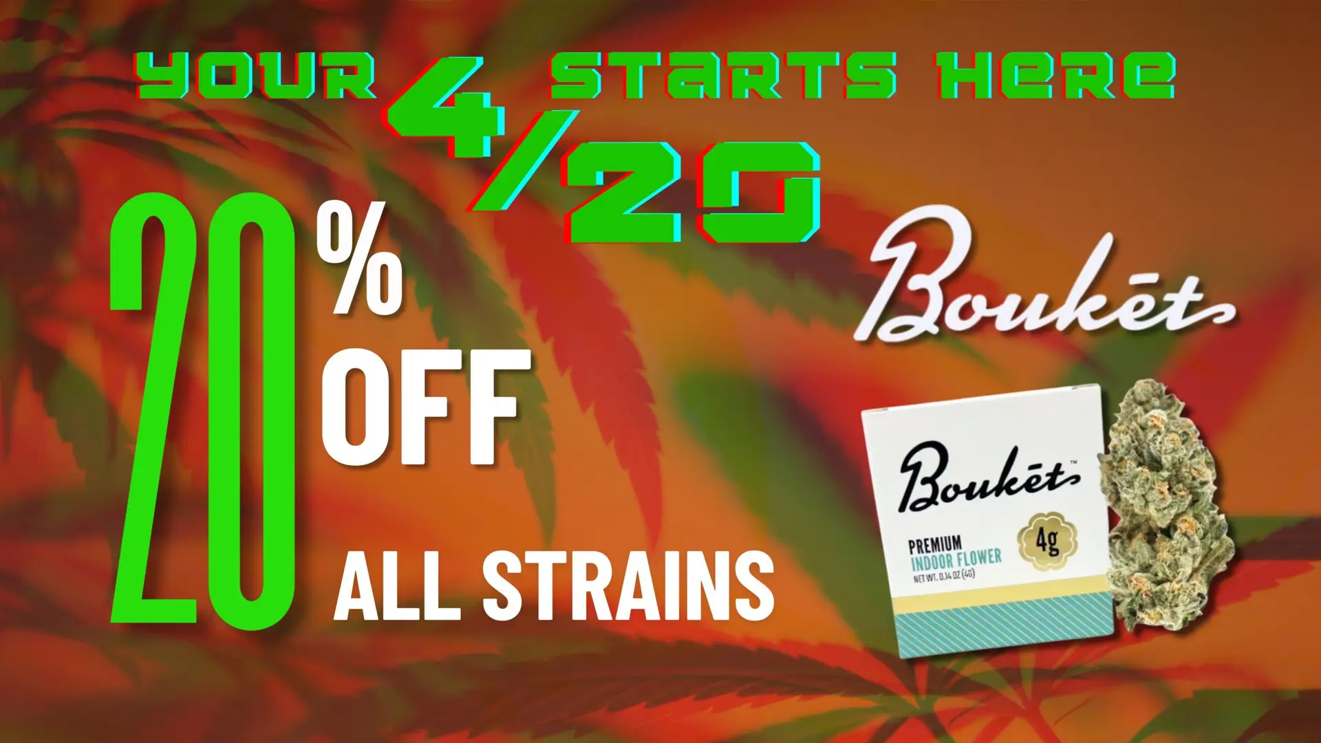 The Phinest Buds 420 sale graphic promoting 20% off all Boukét strains at the dispensary in Cheektowaga NY