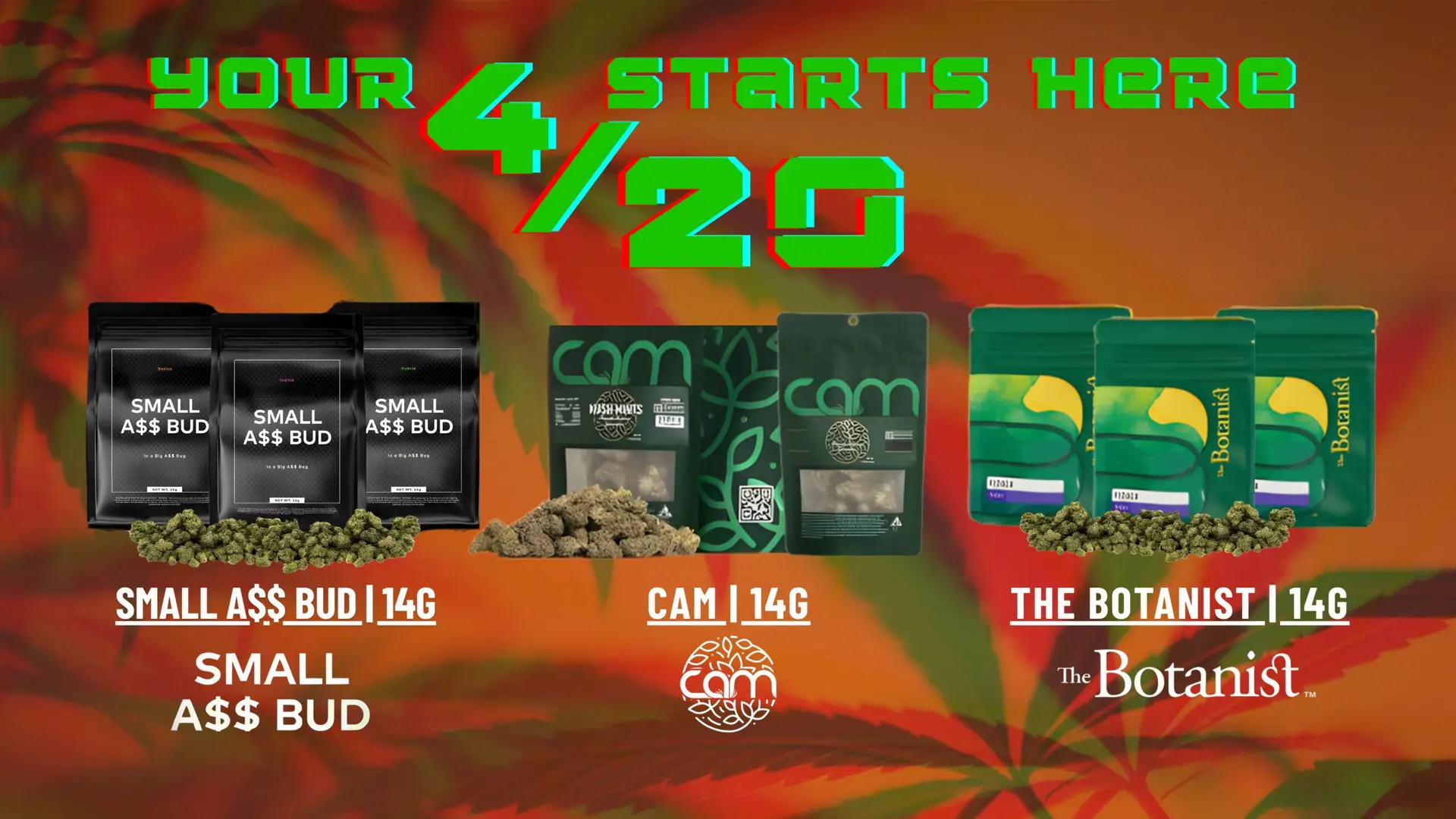 The Phinest Buds 420 sale graphic promoting 30% off Small A$$ Bud, CAM, and The Botanist 14g flower products
