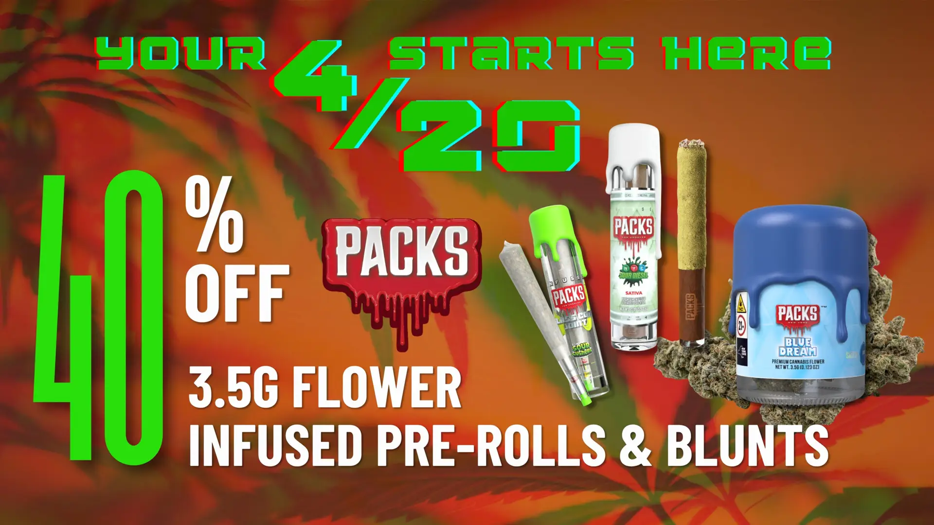 The Phinest Buds 420 NOW sale graphic promoting 40% off PACKS 3.5g flower, infused pre-rolls, and blunts in Cheektowaga NY
