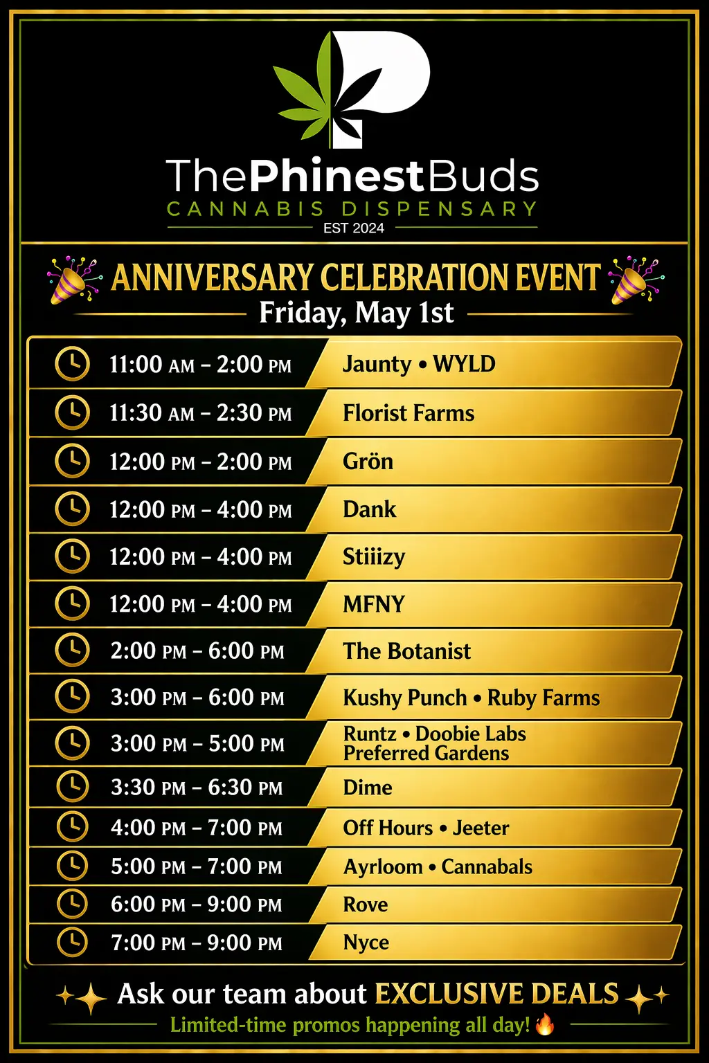 The Phinest Buds anniversary celebration event flyer for Friday May 1 featuring vendor times, exclusive deals, and daily limited-time promos