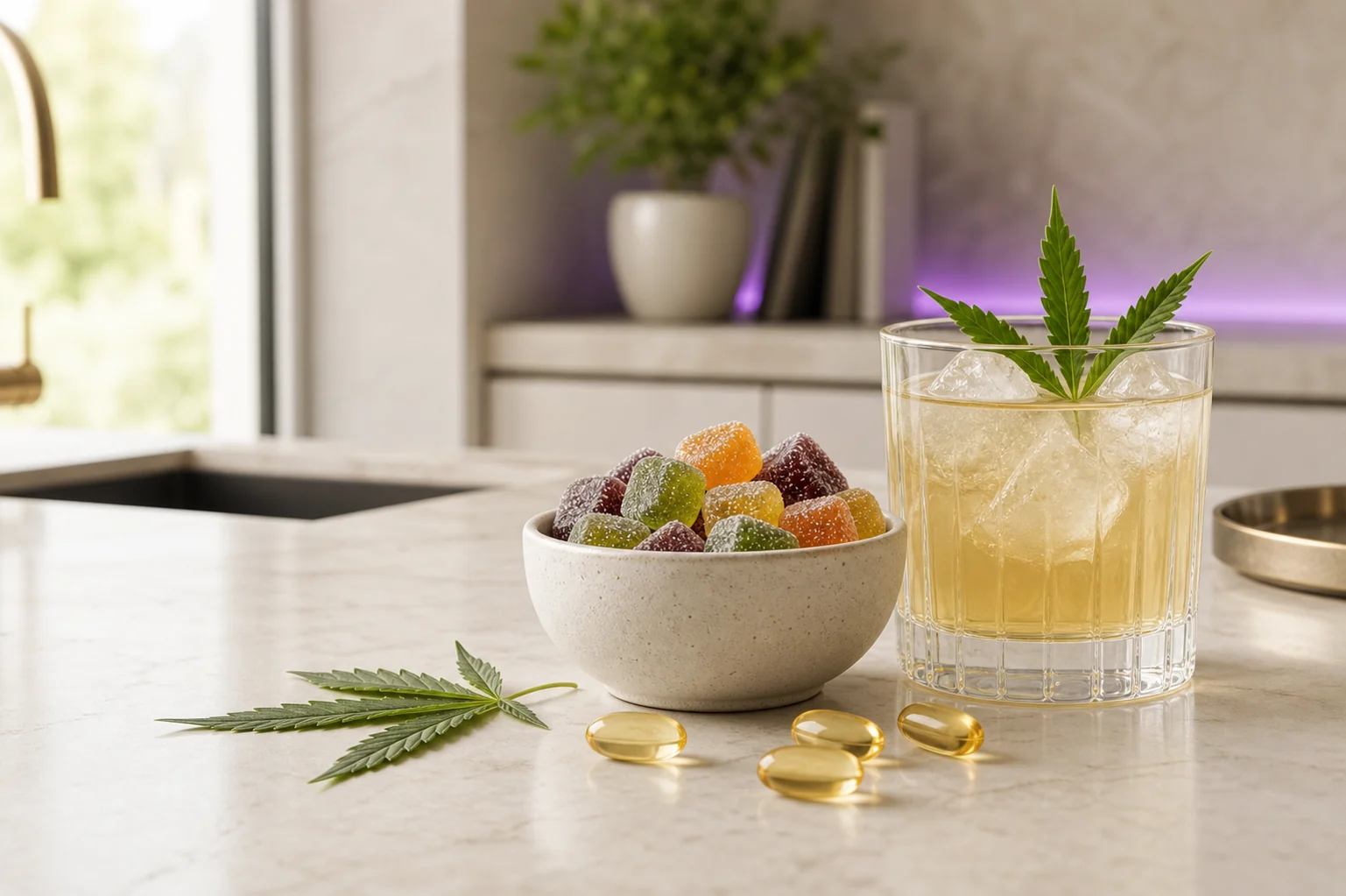 Cannabis edibles and beverages displayed in a clean lifestyle setting