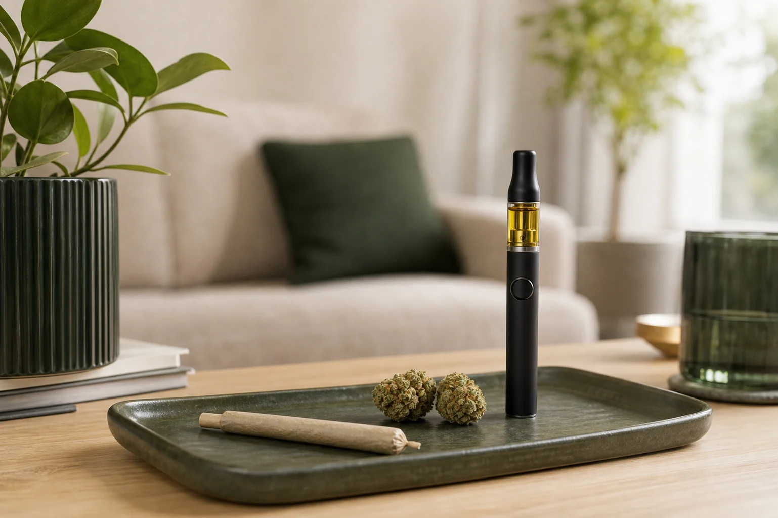 Inhaled cannabis products displayed in a clean lifestyle setting