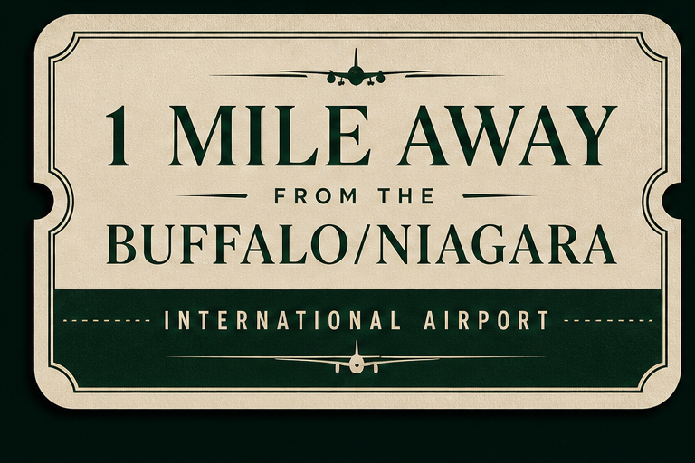 Vintage airline-style graphic reading “1 mile away from Buffalo/Niagara International Airport” with airplane details.