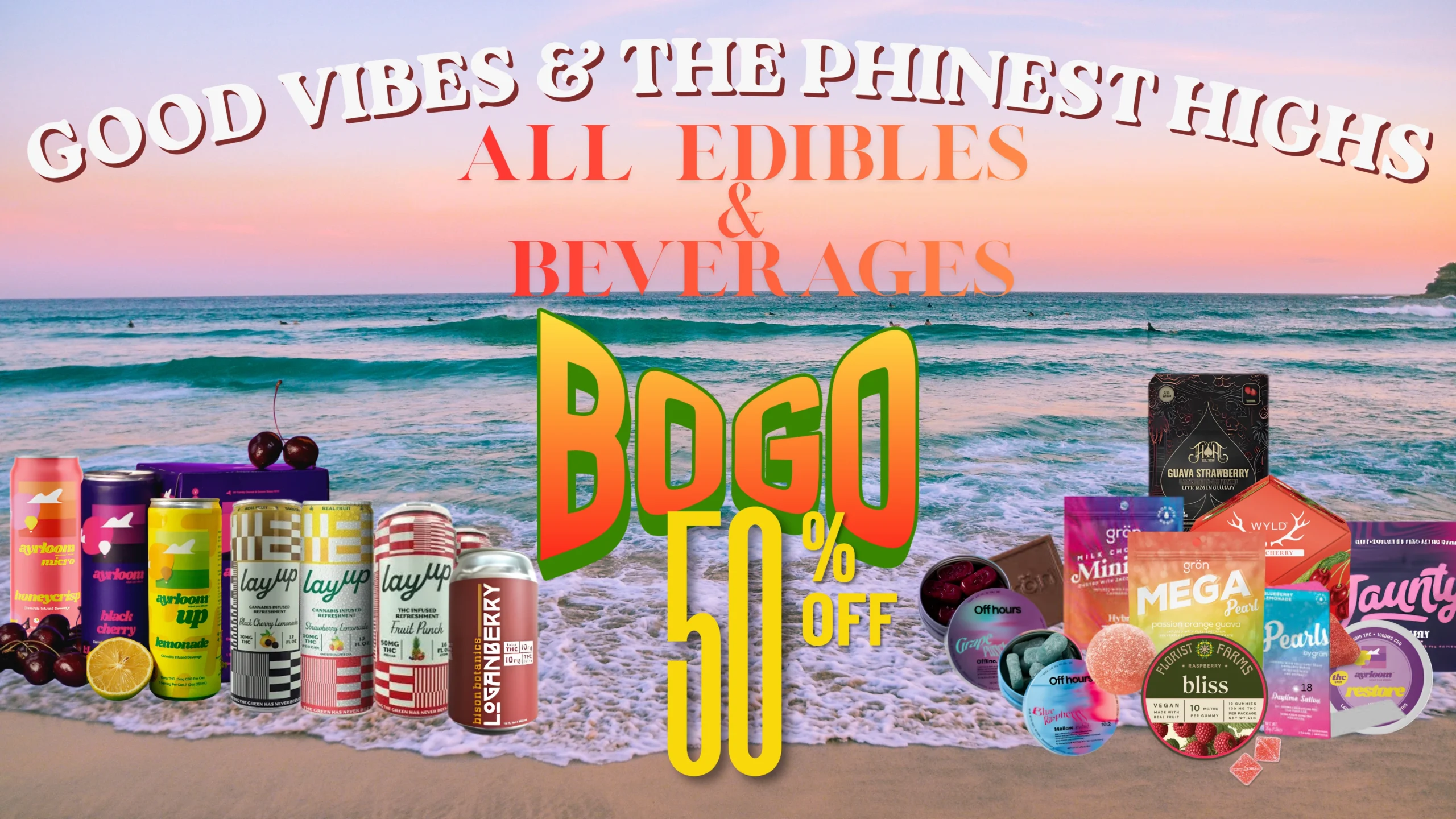 The Phinest Buds June cannabis sale graphic for All Edibles & Beverages BOGO 50% Off in Depew, NY.