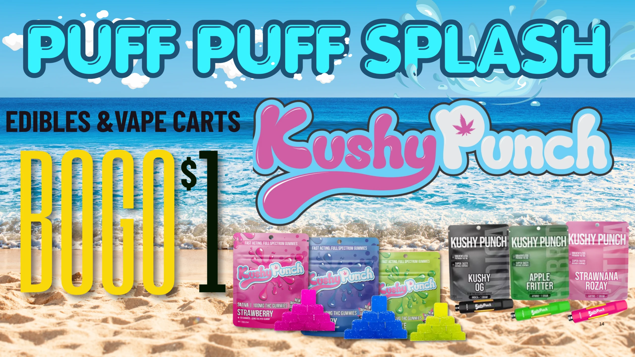 The Phinest Buds June cannabis sale graphic for KushyPunch BOGO for $1 Edibles & Vape Carts in Depew, NY.