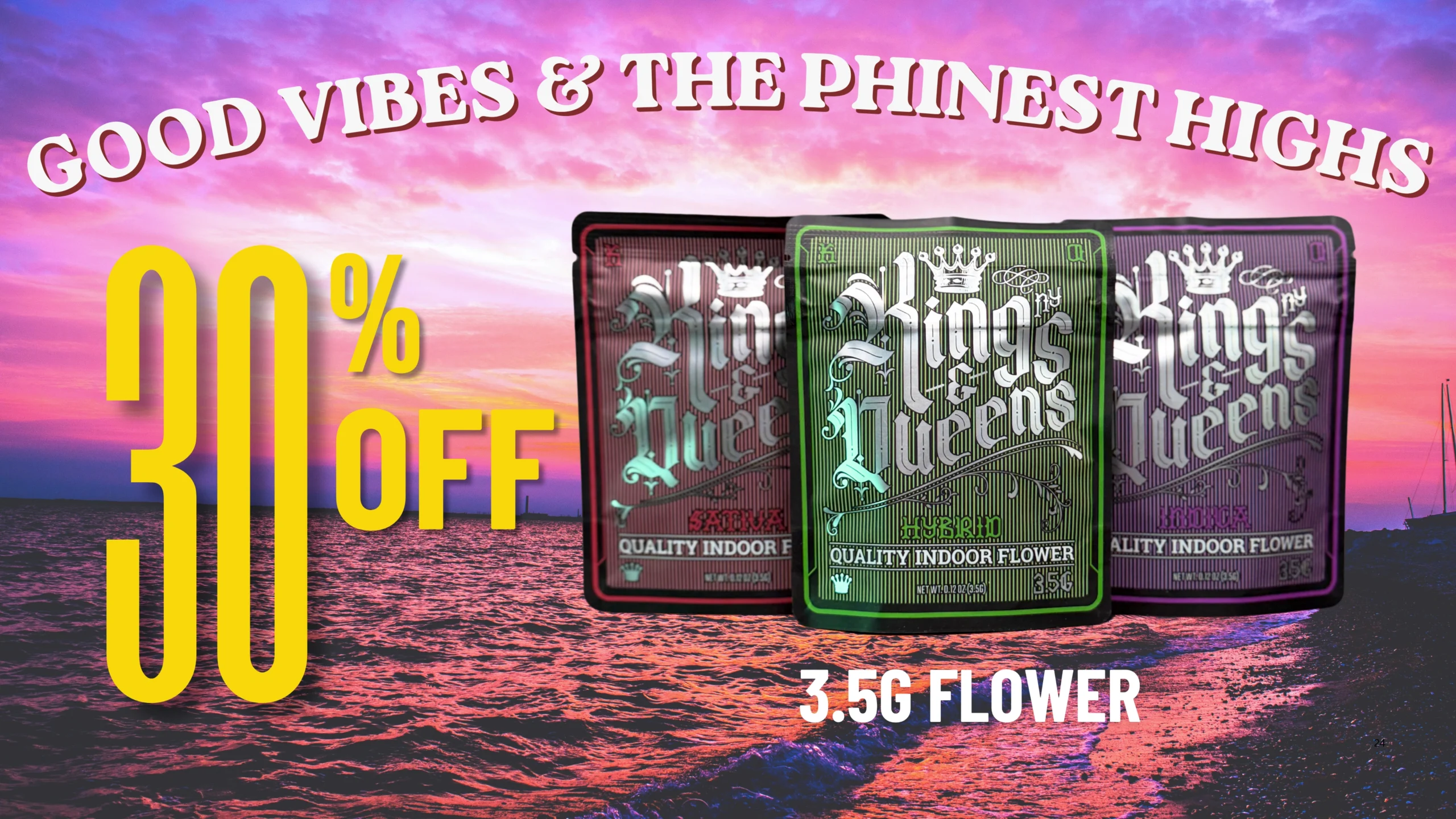 The Phinest Buds June cannabis sale graphic for Kings & Queens 30% Off 3.5G Flower in Depew, NY.