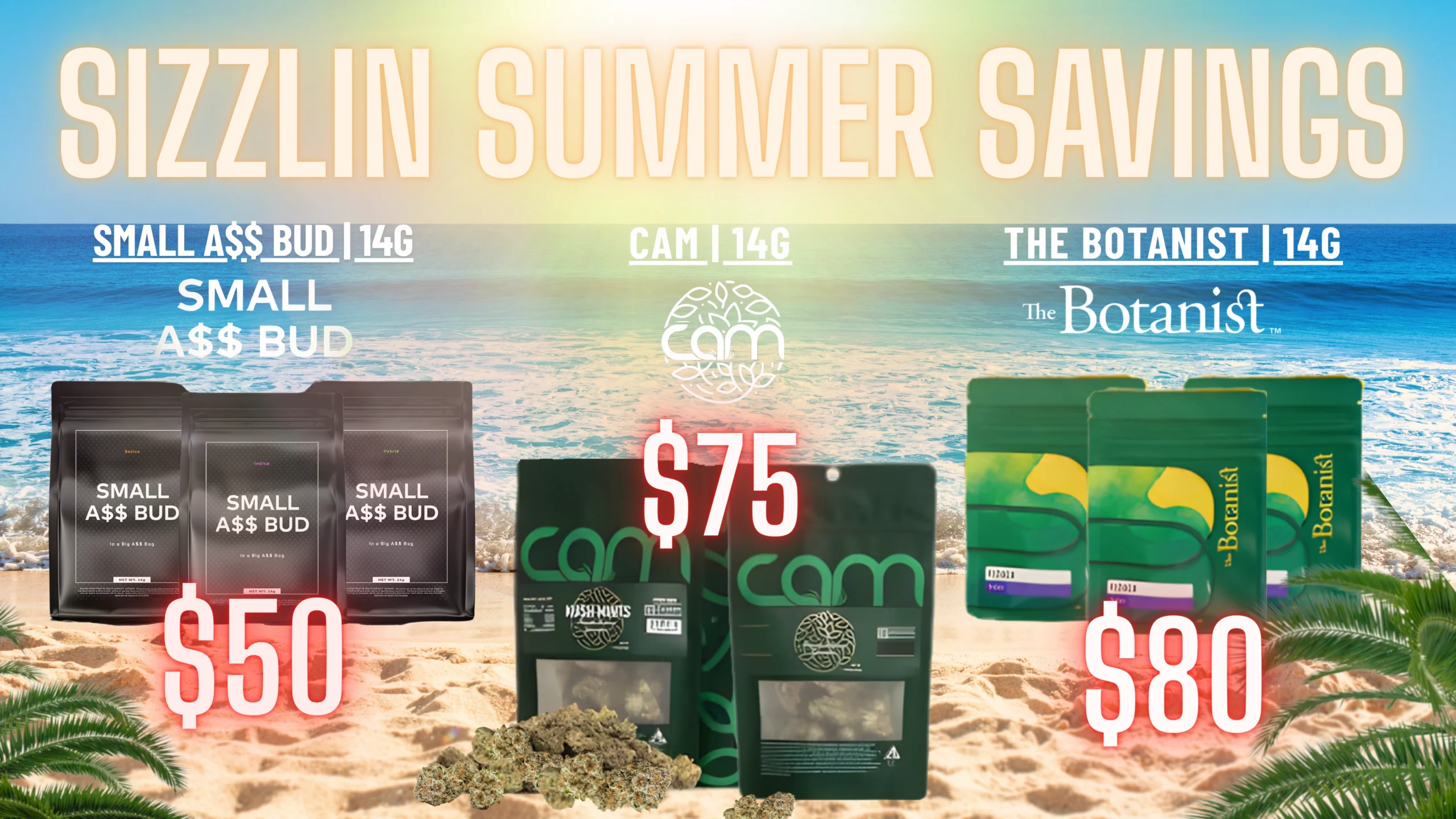 The Phinest Buds June cannabis sale graphic for Small Ass Bud / CAM / The Botanist 14G Flower Pricing in Depew, NY.