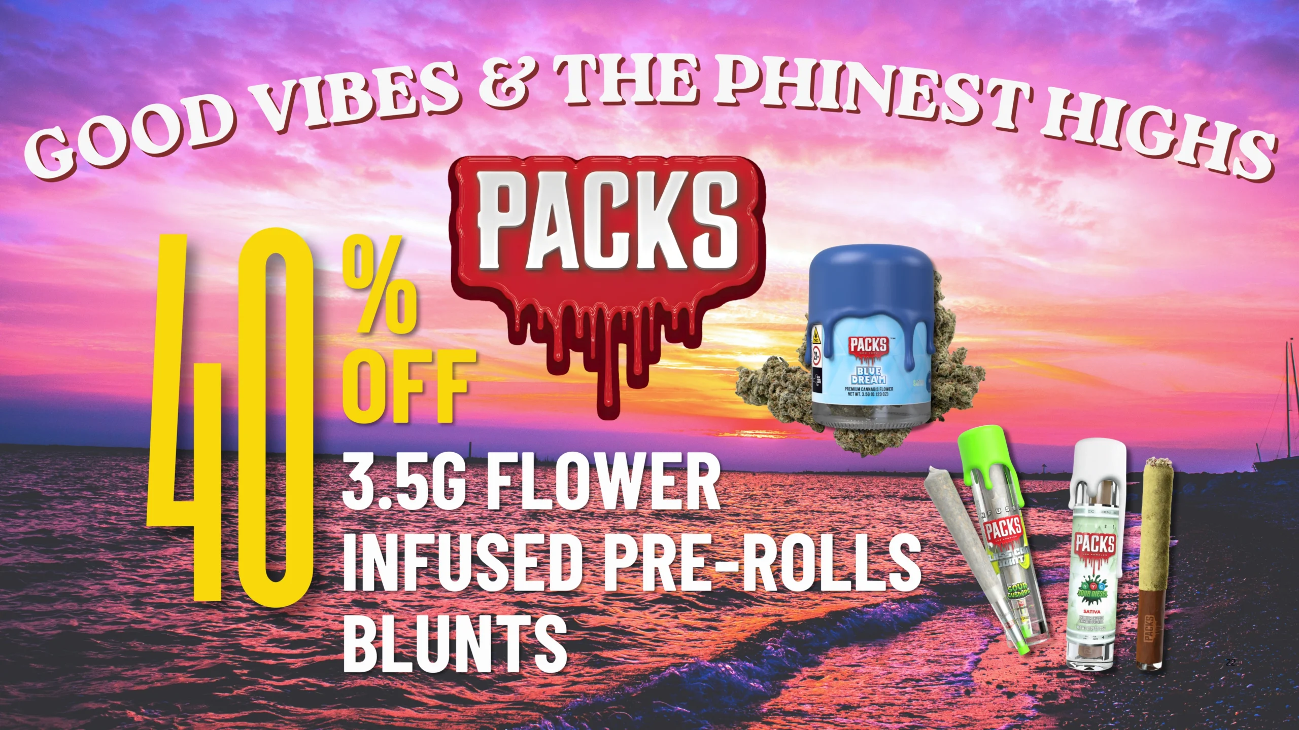 The Phinest Buds June cannabis sale graphic for Packs 40% Off 3.5G Flower, Infused Pre-rolls & Blunts in Depew, NY.
