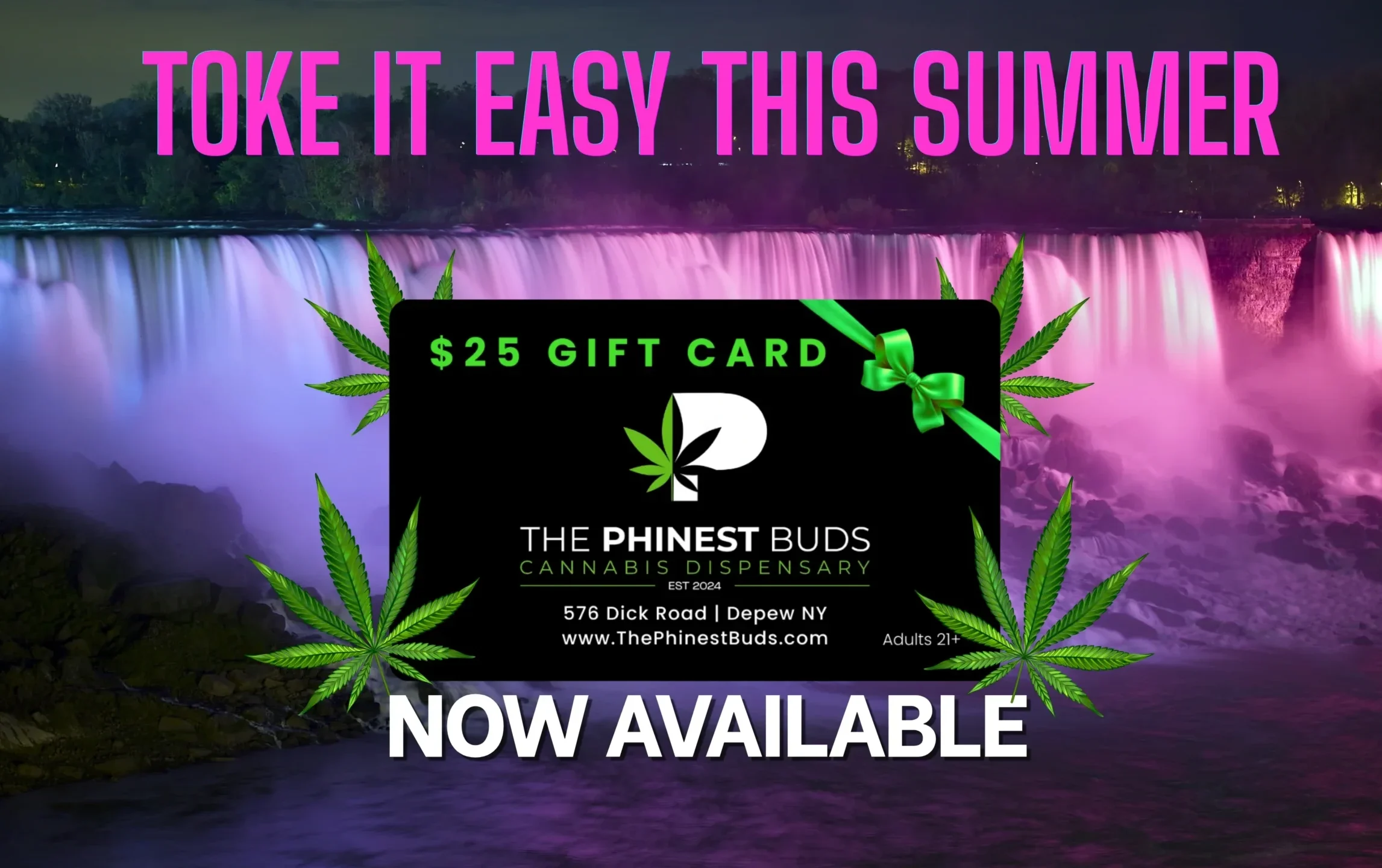 The Phinest Buds June cannabis sale graphic for TPBS $25 Gift Cards Now Available in Cheektowaga, NY.