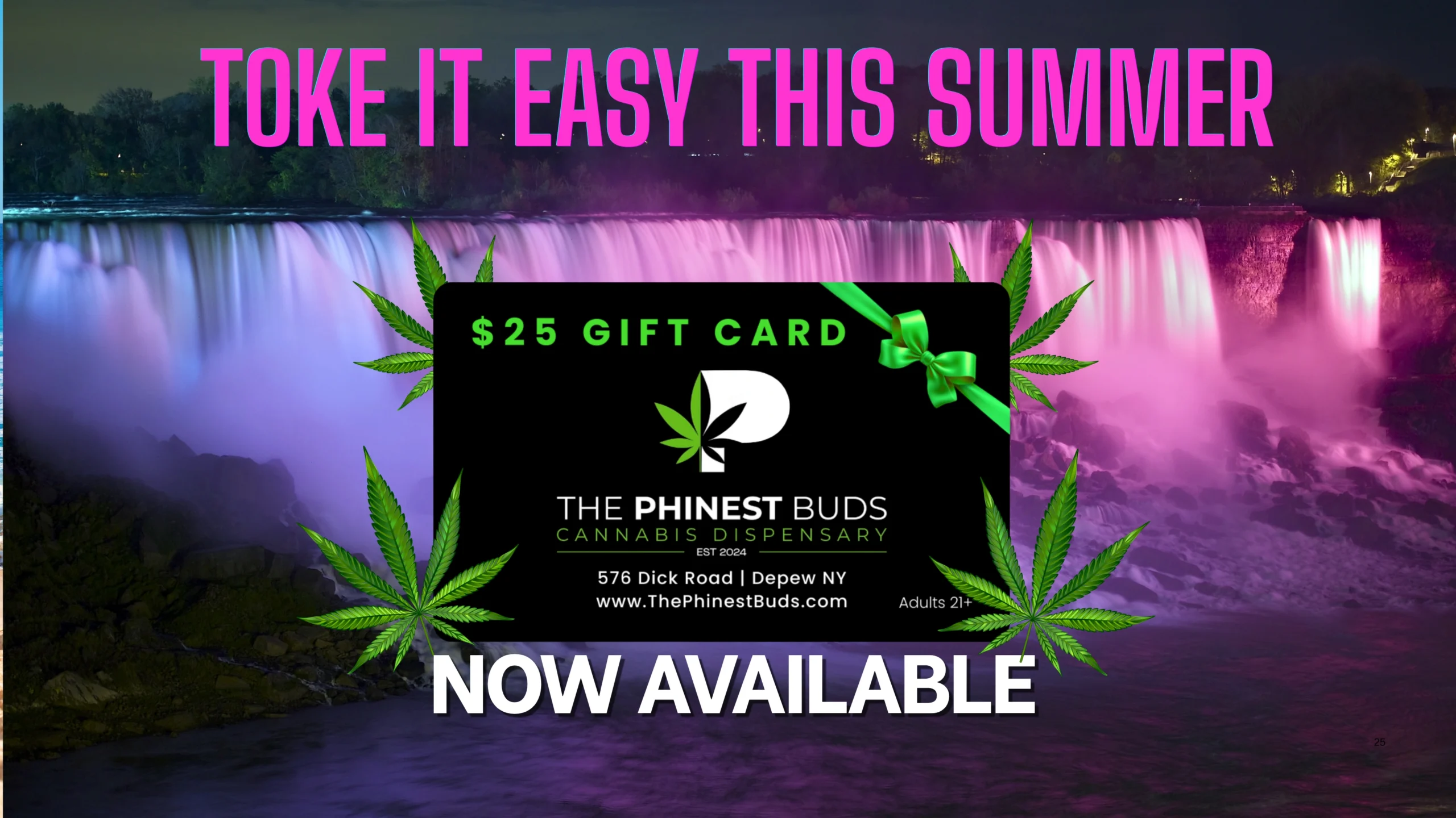 The Phinest Buds June cannabis sale graphic for TPBS $25 Gift Cards Now Available in Depew, NY.
