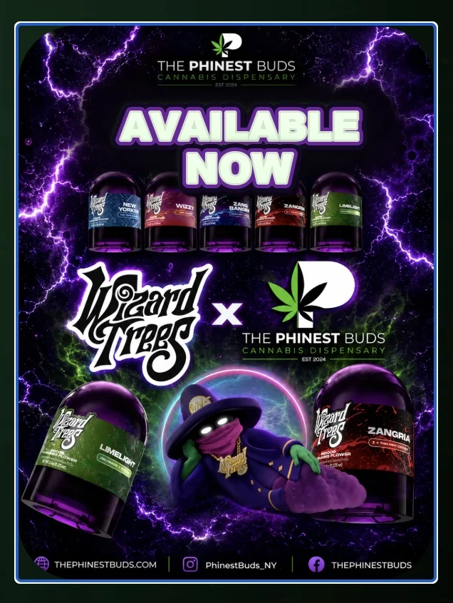 Wizard Trees x The Phinest Buds available cannabis flower promo graphic with product jars, brand logos, and purple lightning background.