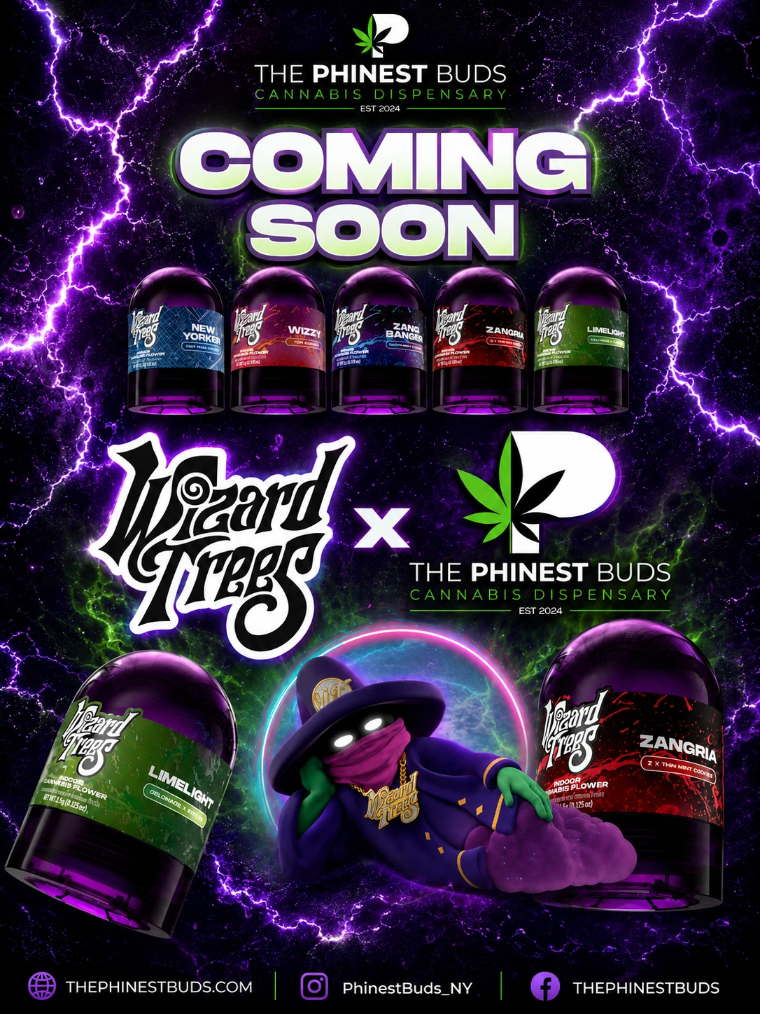 Wizard Trees x The Phinest Buds coming soon cannabis flower promo graphic with product jars, brand logos, and purple lightning background.