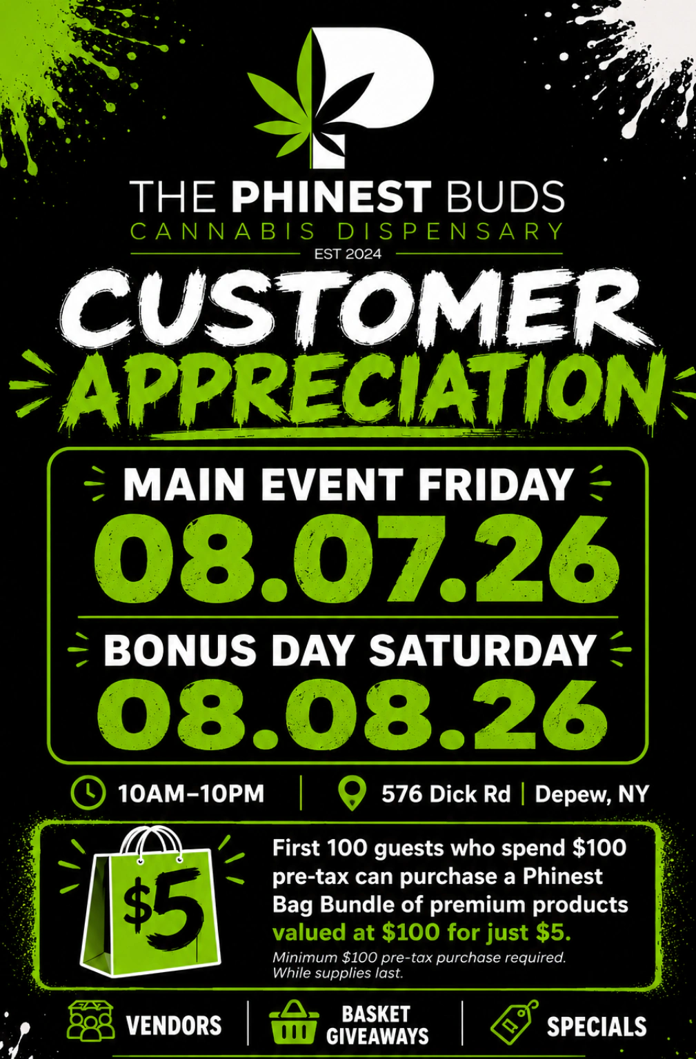 The Phinest Buds Customer Appreciation event flyer for August 7-8, 2026, with vendors, giveaways, and specials.