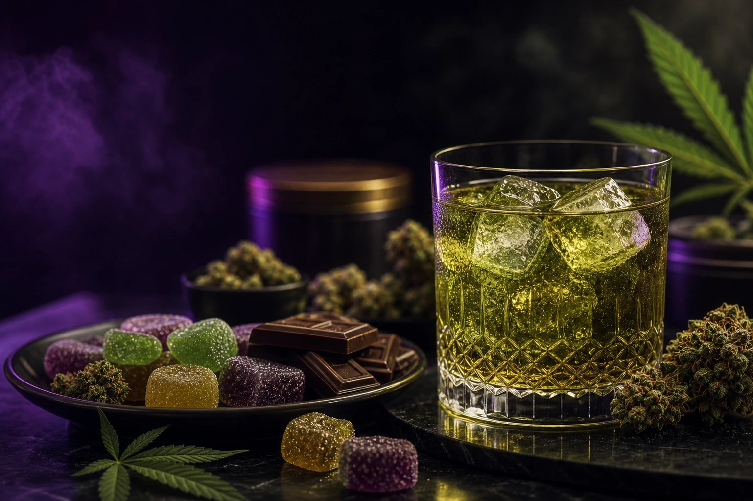 Cannabis gummies, chocolate, and infused drink arranged for an edibles versus cannabis drinks comparison