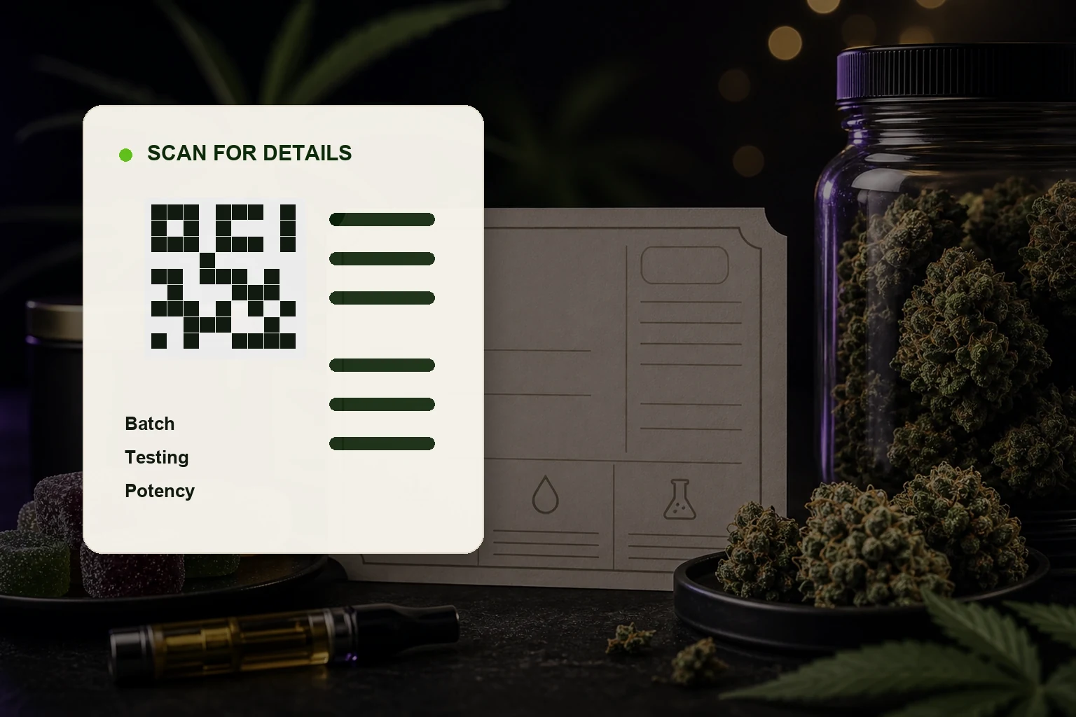 Cannabis label showing a QR code, batch, testing, and potency information for New York shoppers