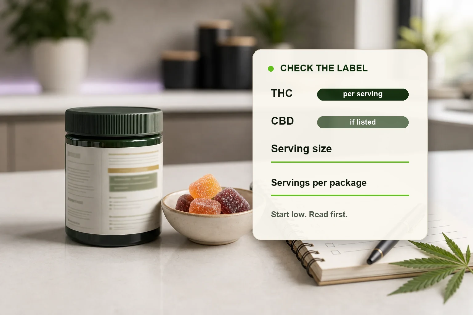 Cannabis label showing THC per serving and serving size for adults comparing THC percentage vs milligrams at The Phinest Buds