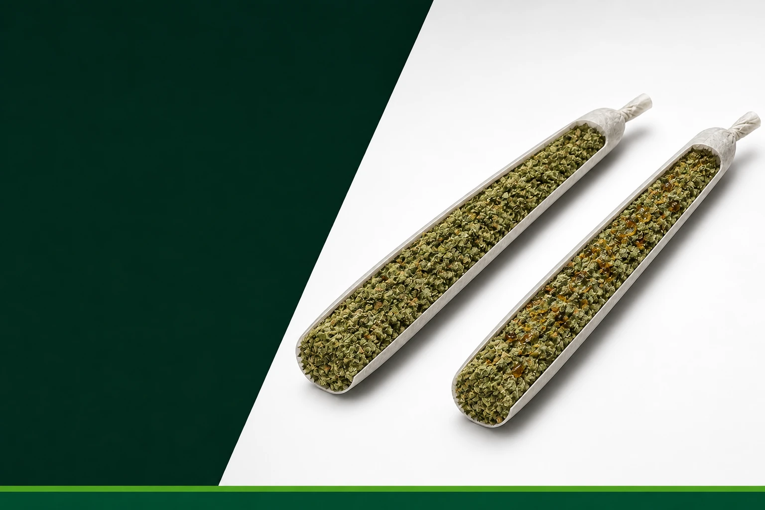 Illustration of two unlit pre-rolls with their fronts opened: flower only on the left and flower mixed with amber material on the right.