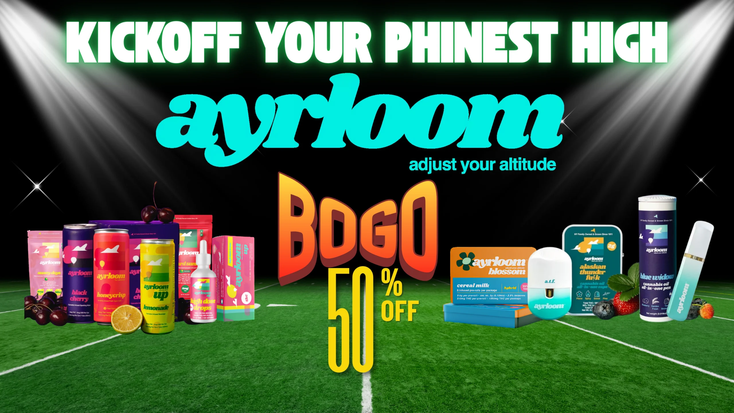 The Phinest Buds Ayrloom board advertising a buy one get one 50 percent off offer.
