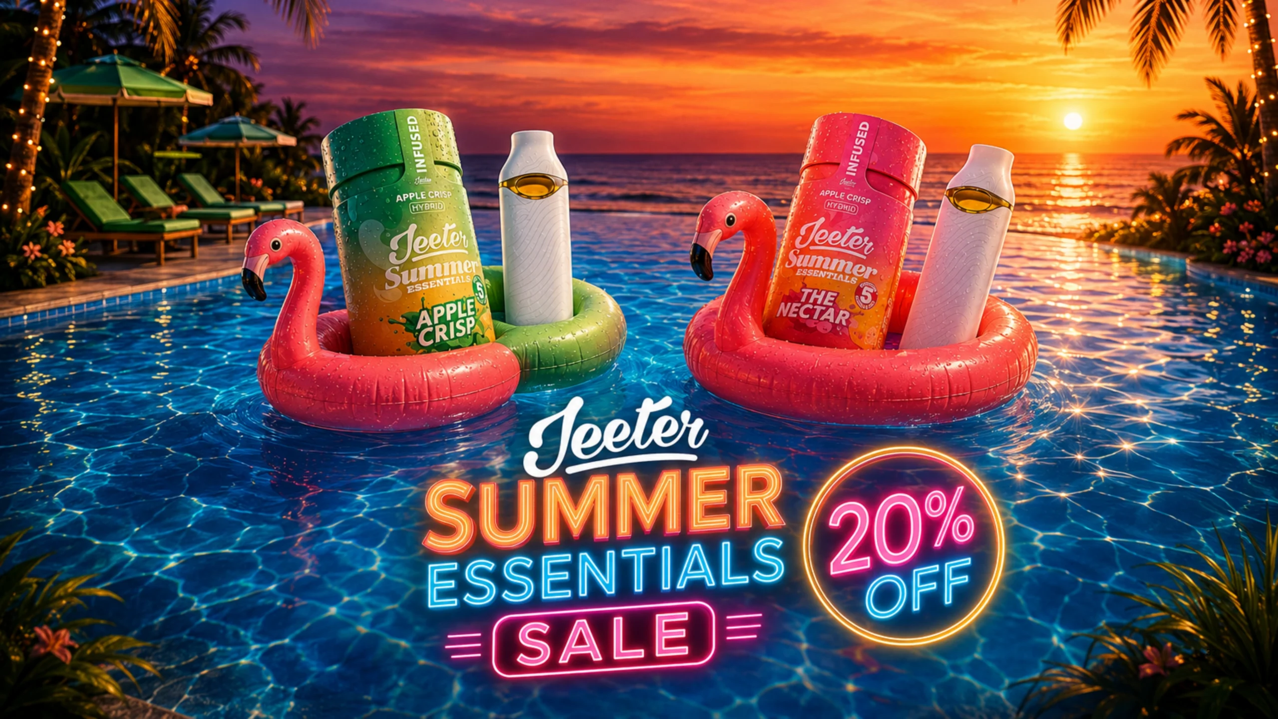 The Phinest Buds Jeeter Summer Essentials board advertising 20 percent off selected infused pre rolls and vapes.