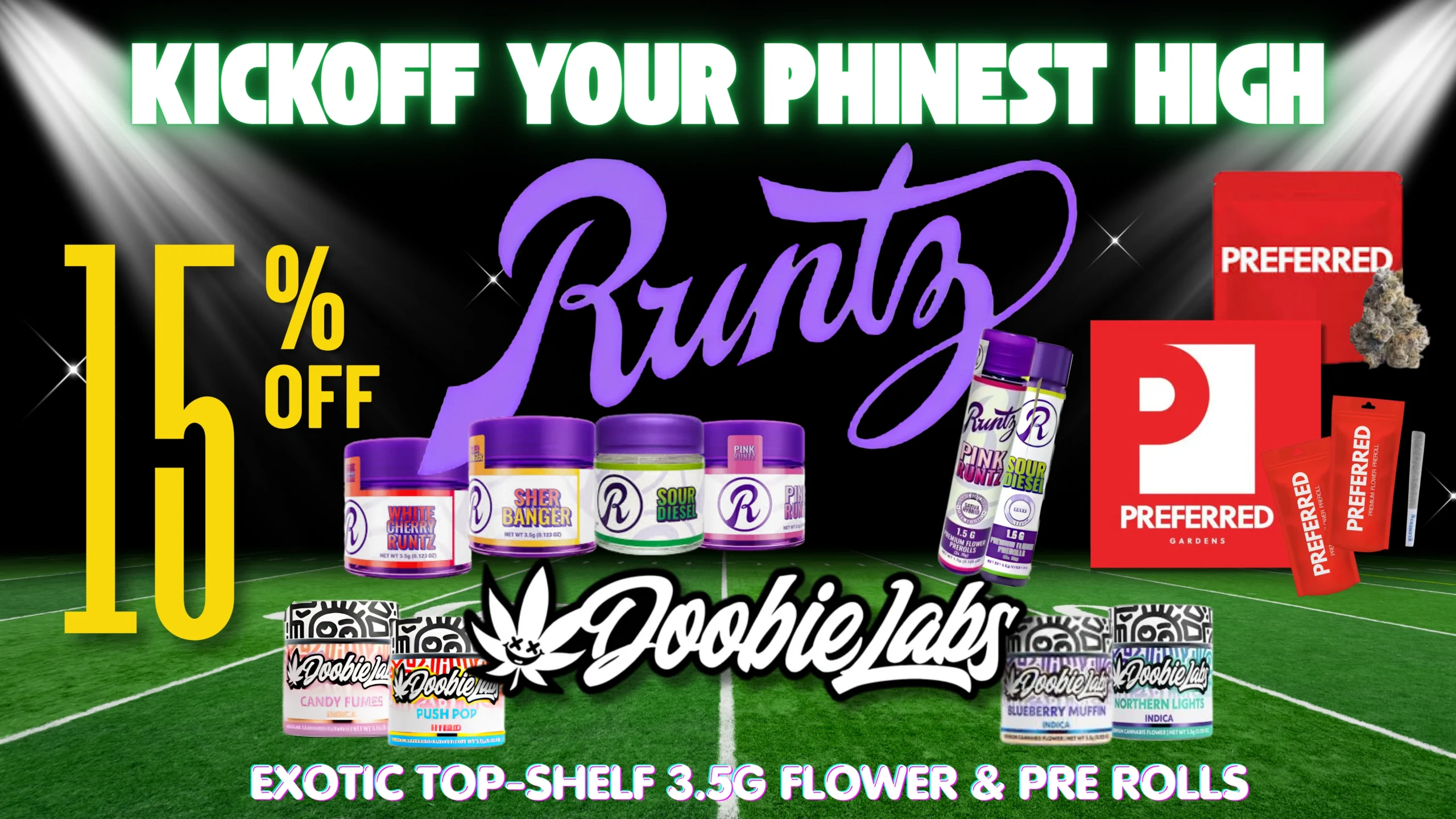 The Phinest Buds board advertising 15 percent off Runtz, Doobie Labs, and Preferred products.