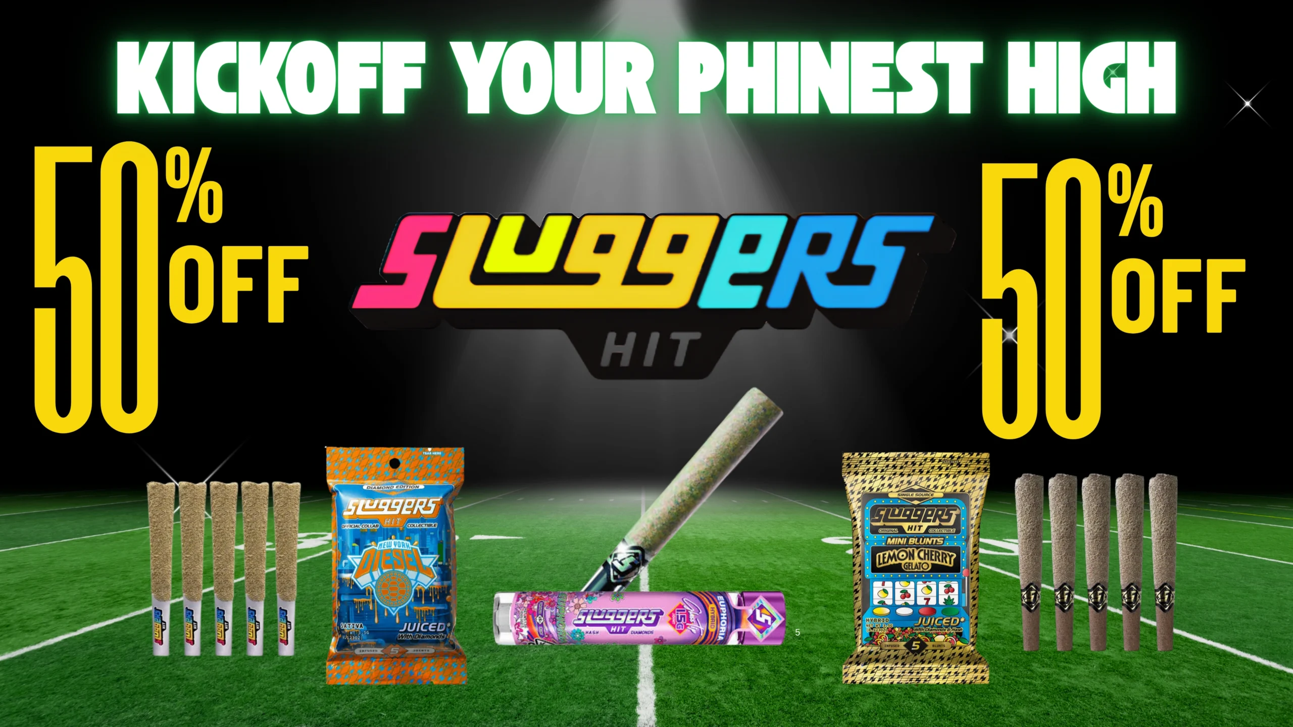 The Phinest Buds Sluggers board advertising 50 percent off infused pre rolls.