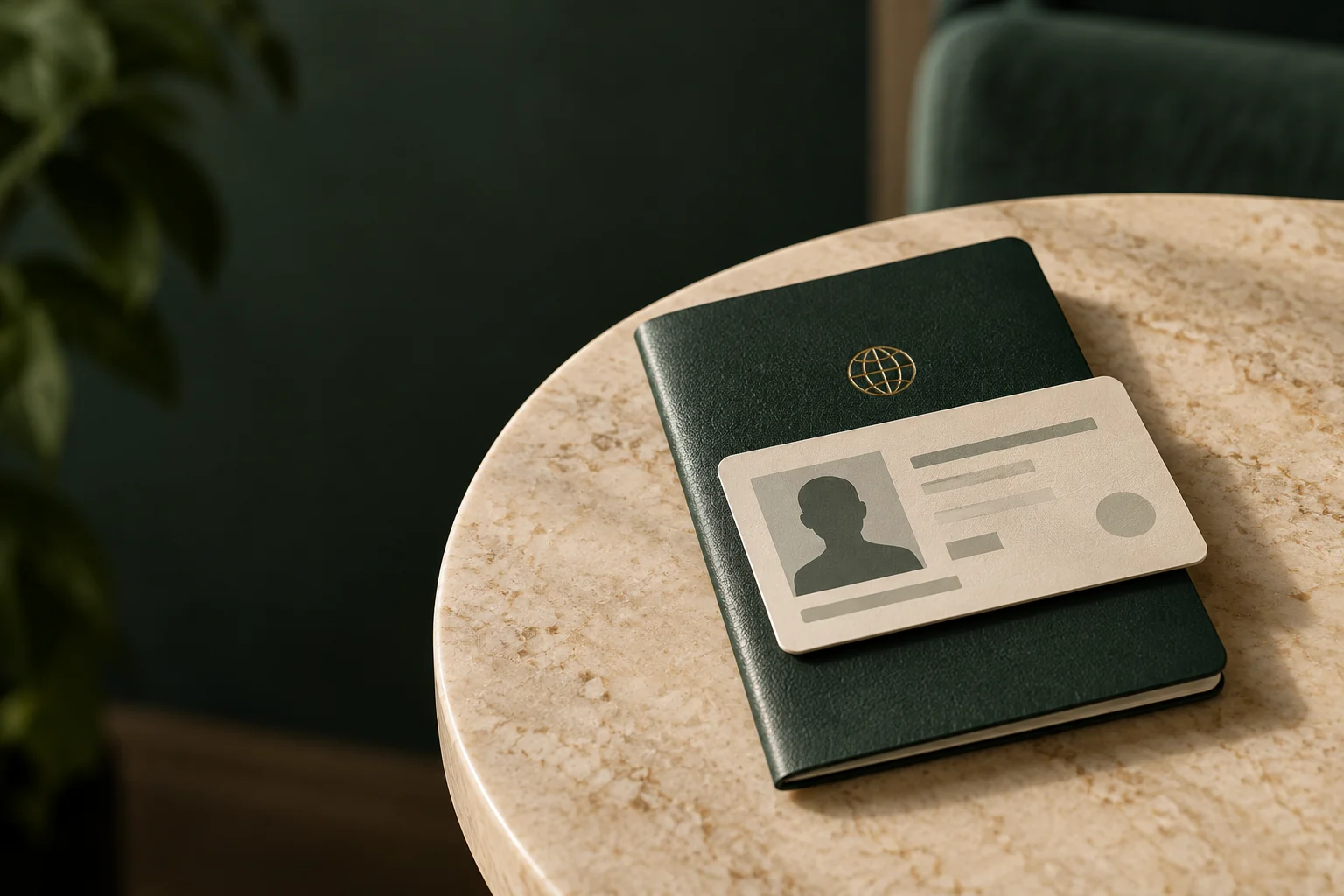 Generic photo ID card resting on a green passport on a cream tabletop.